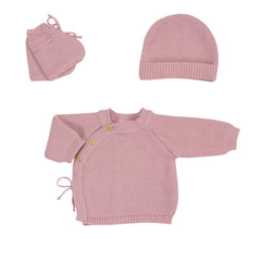 Trousseau naissance vieux rose en tricot (lot de 4 pièces)